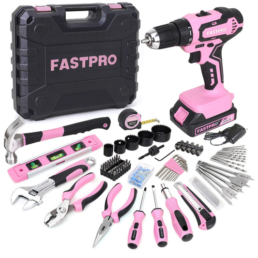 FASTPRO 177-Piece 20V Pink Cordless Lithium-ion Drill Driver and Home Tool Set, Lady's Home Repairing Tool Kit with Drill in Storage Case