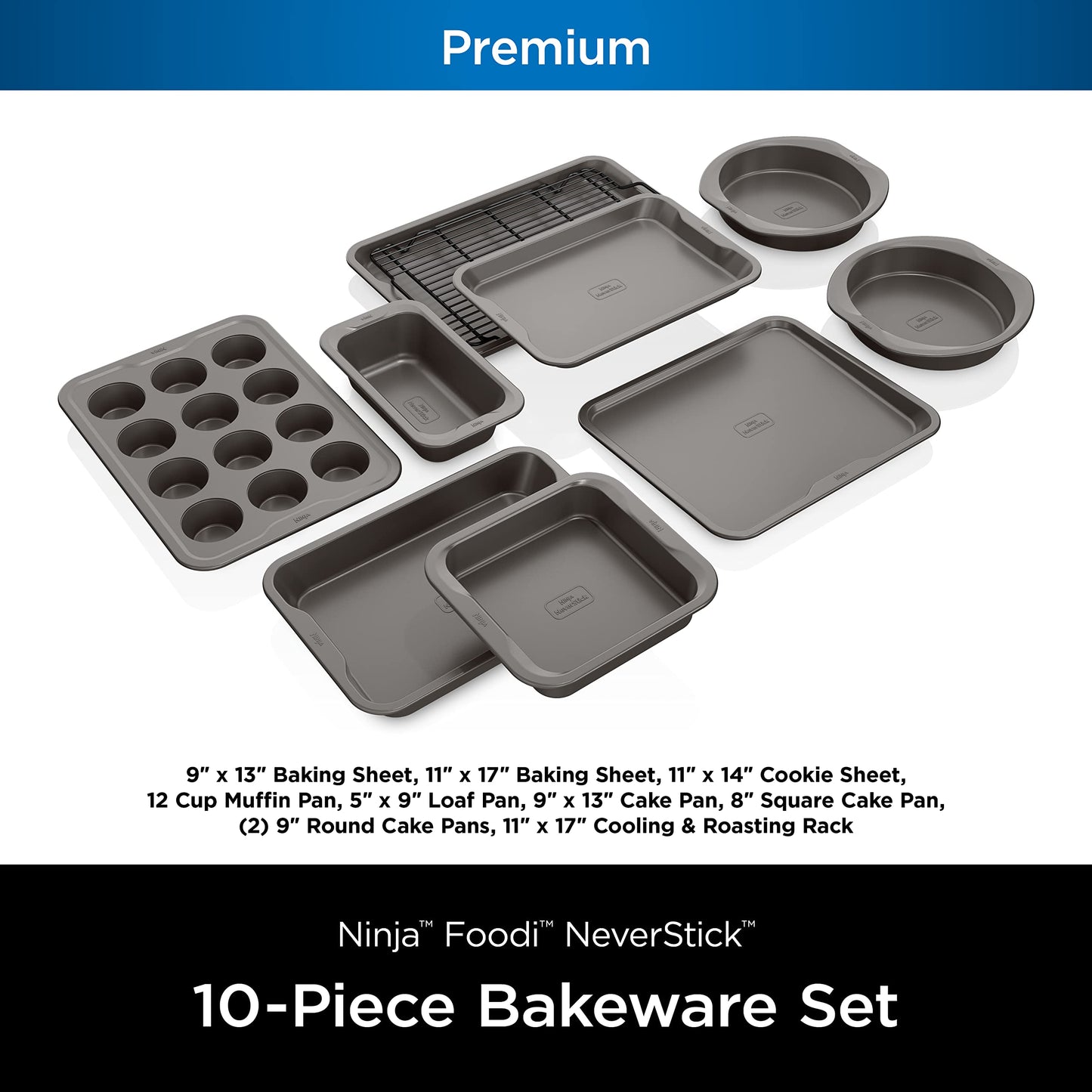 Ninja B39010 Foodi NeverStick Premium 10-Piece Bakeware Sheet Set, Oven Safe up to 500⁰F, with (2) Baking Sheets, Cookie Sheet, Loaf Pan, Muffin Pan, (4) Cake Pans & Cooling/Roasting Rack, Grey