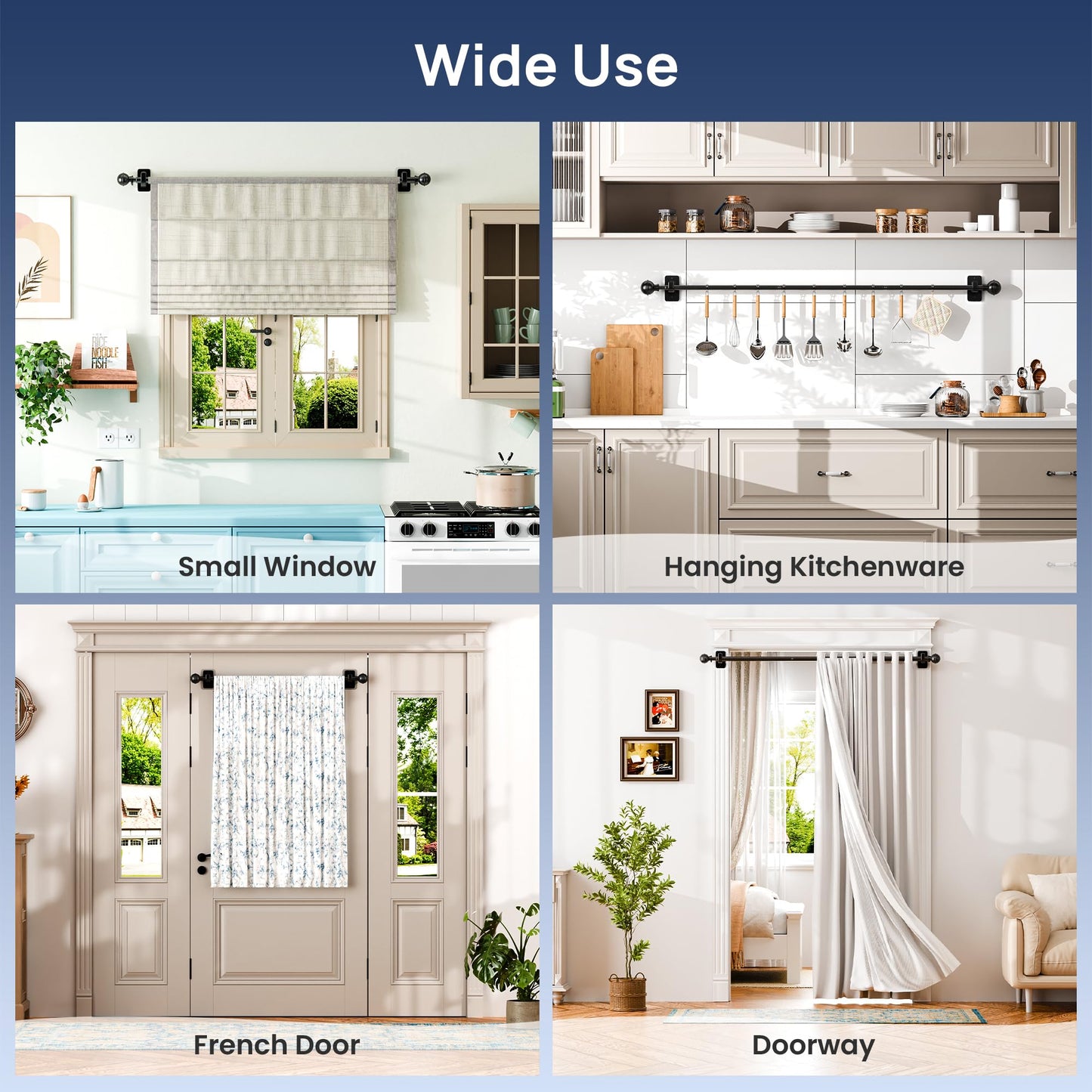 ENJOYBASICS No Drill Curtain Rods for Window 28 to 47 Inches, 5/8 Inch Diameter Renter Friendly Drapery Rod with Adhesive Brackets without Drilling, Adjustable from 27 to 52 Inches, Black