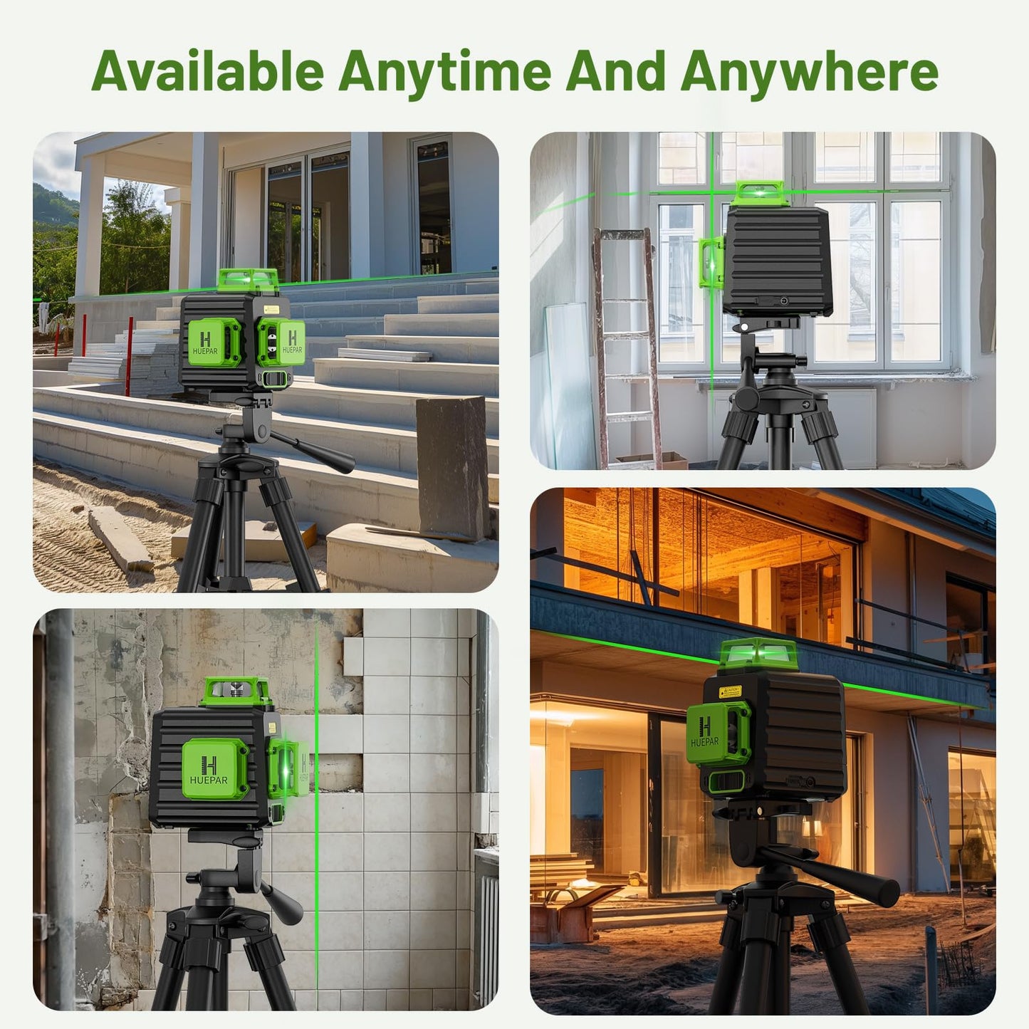 Laser Level 360 Self Leveling with 47" Tripod, Huepar 3x360° High Brightness Green Laser Leveler Tool for Construction, Tile and Picture Hanging, 5200 mAh Li-ion Battery & 2 Portable Bag Included