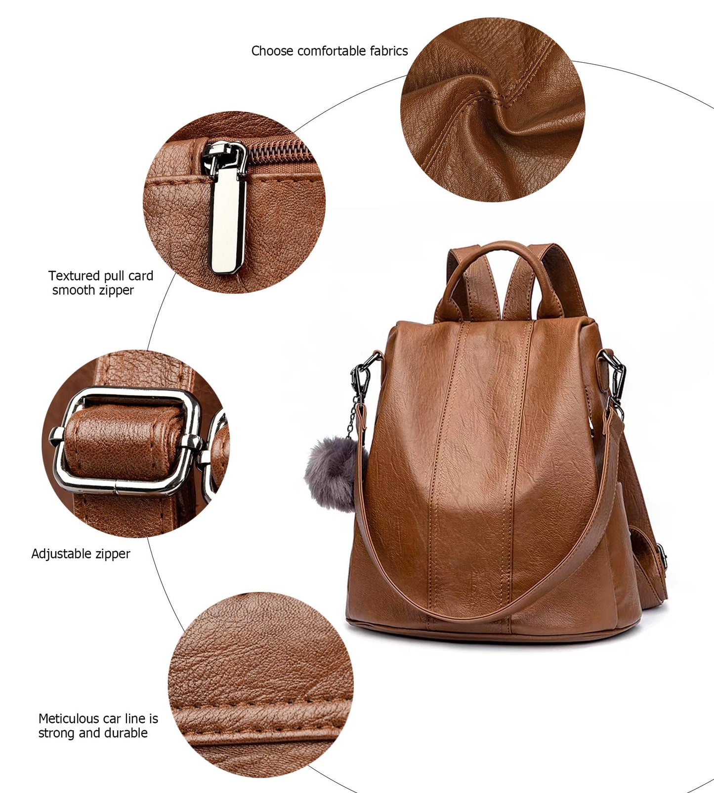 myfriday Vintage Leather Backpack for Women, Soft Rucksack Backpack with Anti-Theft Pocket Convertible Shoulder Handbag (Brown)