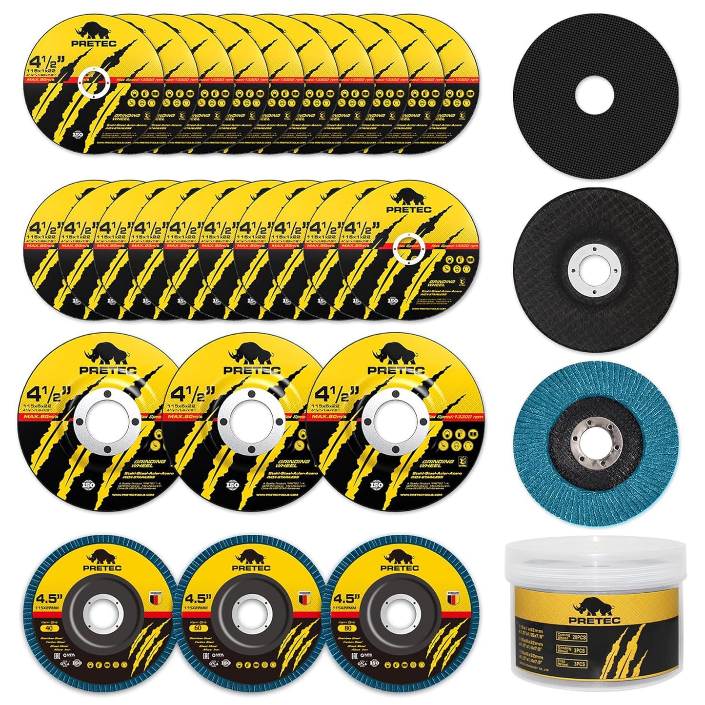 PRETEC 26 Packs Angle Grinder Cutting Flap Grinding Disc Wheel 4 1/2in Inches - 20 Packs 4.5"x1/4"x7/8" Cut off Wheels,3 Packs 4.5"x7/8" 60 Grit Flap Discs, 3 Packs 4.5"x1/25"x7/8" Grinding Wheels