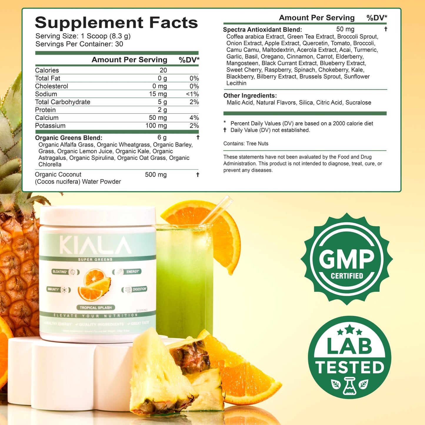 Kiala Nutrition Super Greens, Organic Greens Powder with Spirulina & Chlorella for Digestion, Gut Health, Immunity & Energy, Gluten Free, Vegan, Tropical Splash + Miami Vice, 30 Servings Each