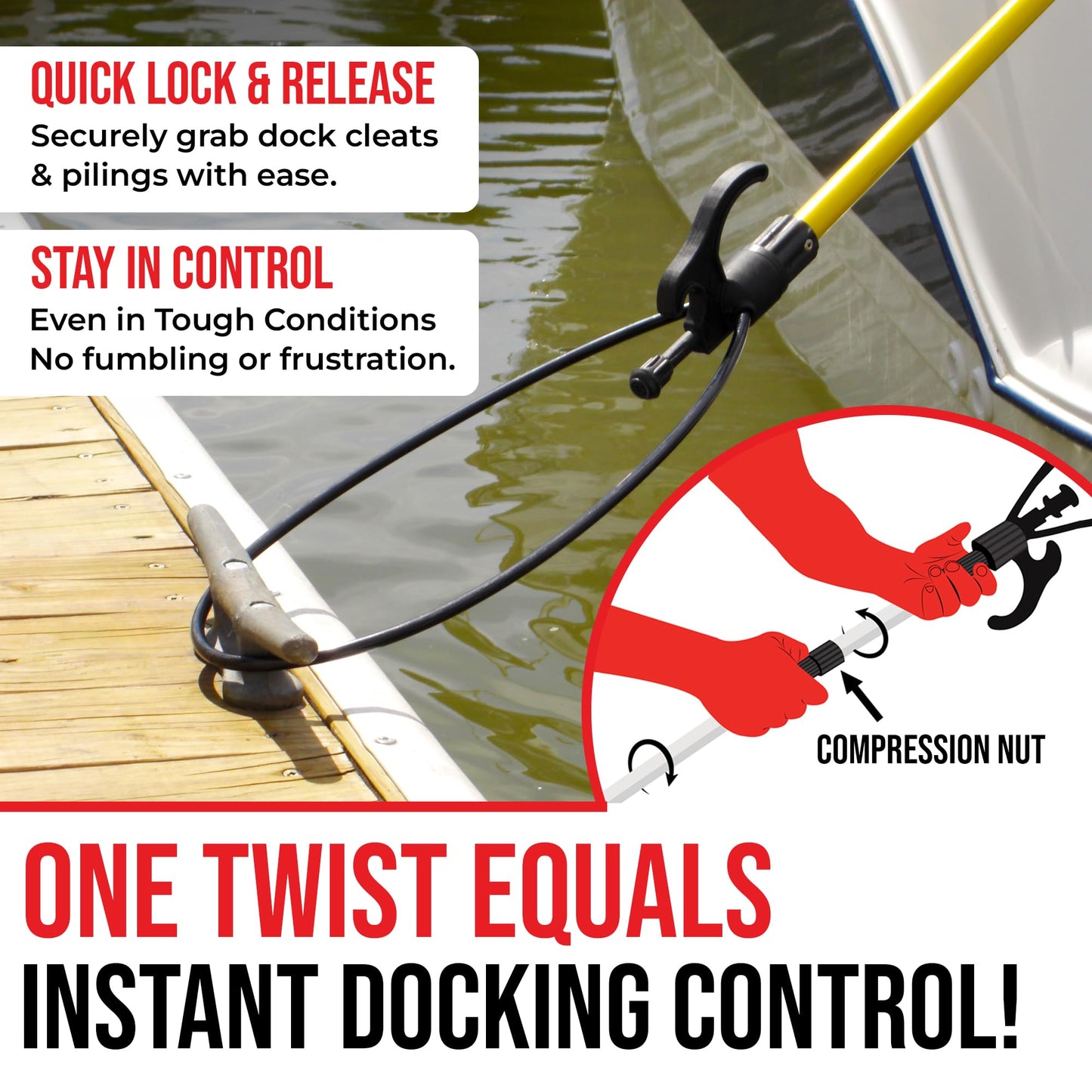 Boat Loop Extendable Fiberglass Boat Hook with Flexible Loop & Quick-Release System - Adjustable 2-8ft Pole with Rubber Guard for Boats - Versatile Marine Tool for Rope Handling & Docking