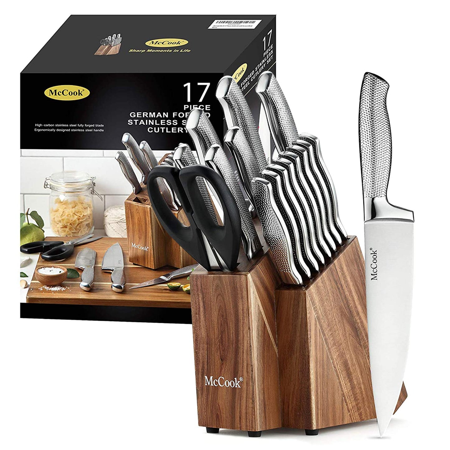 McCook® Premium Knife Sets,Full Tang Hammered German Stainless Steel Kitchen Knife Set with 8 Pieces Steak Knives and Acacia Block