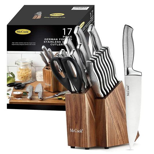 McCook® Premium Knife Sets,Full Tang Hammered German Stainless Steel Kitchen Knife Set with 8 Pieces Steak Knives and Acacia Block