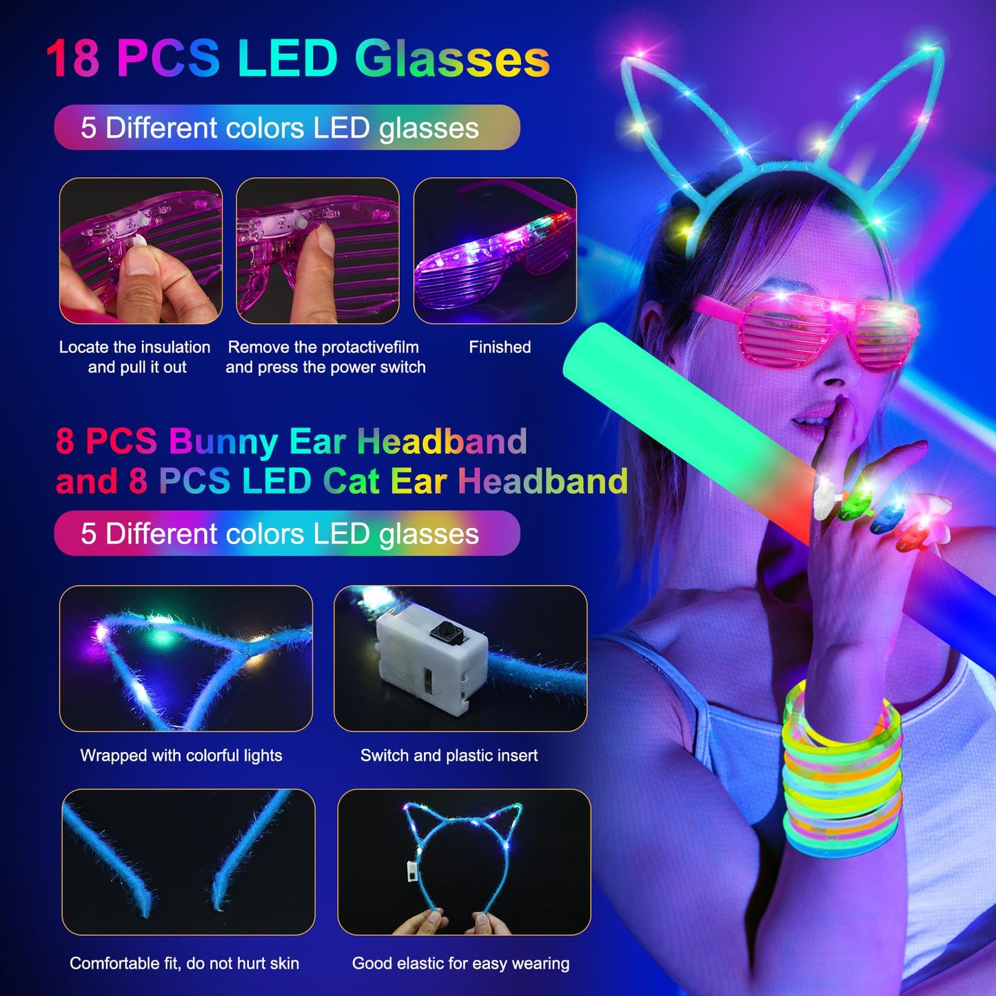 OLUPP 282 PCS Glow in the Dark Party Supplies, 18 Foam Sticks, 18 LED Glasses, 200 Glow Sticks, 30 Finger Lights, 8 Bunny Ear Headband and 8 LED Cat Ear Headband for Wedding,Birthday,Concert,New Year