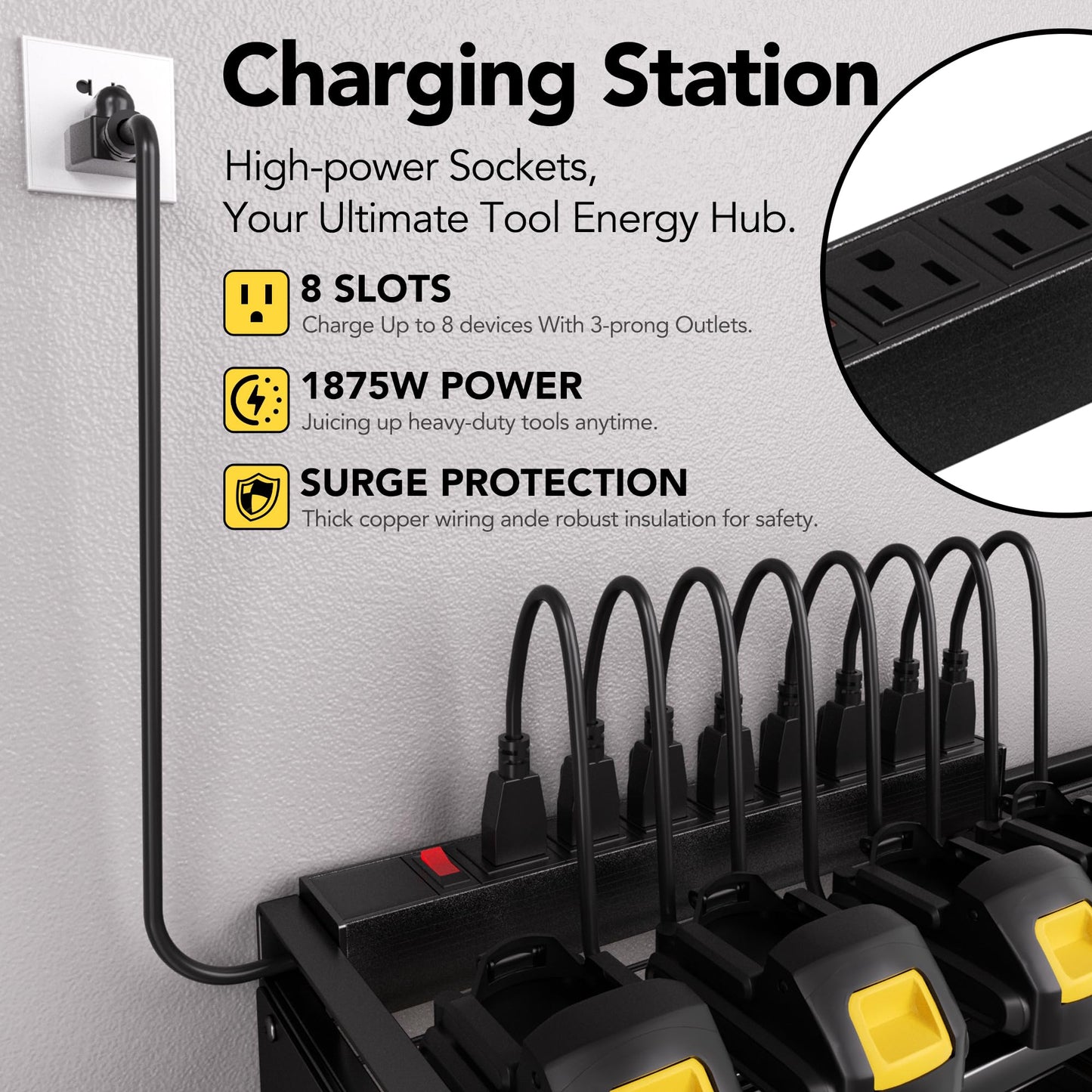 YFFSRJDJ Power Tool Organizer Wall Mount with Charging Station, Cordless Tool Organizer, 12 Drill Holders 4-Tier Heavy Duty Drill Rack with 8-Outlet Power Strip, Garage Gift for Men