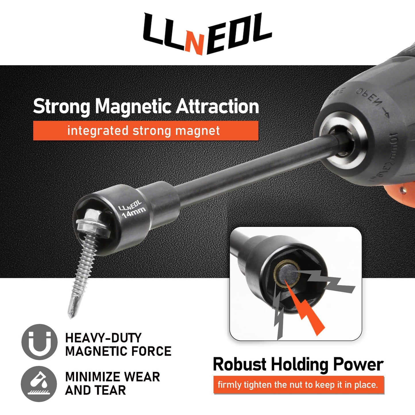 LLNEDL 1/4 inch Drive Socket Set & Nut Driver Set 44PCS, Metric Sockets Deep&Shallow (4-15mm) with Ratchet, 6" Magnetic Nut Drivers with 1/4" Hex Shank(6-14mm), Drill Bits (PH1/PH2)