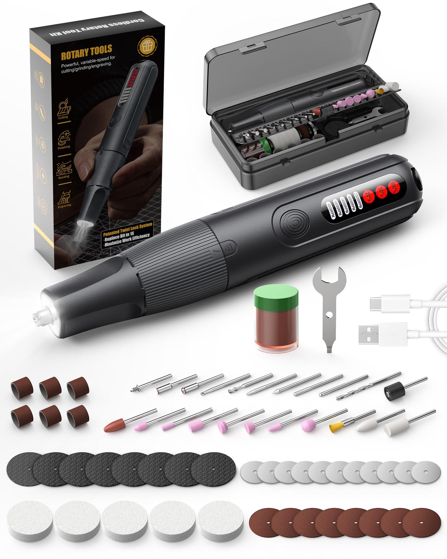 Cordless Rotary Tool, 8V Multi Tool with Auto-Lock Chuck & 5 Speed, 23,000RPM Rechargeable Engraver Kit with 62 Accessories, for Sanding, Polishing, Drilling, Carving, DIY Crafts
