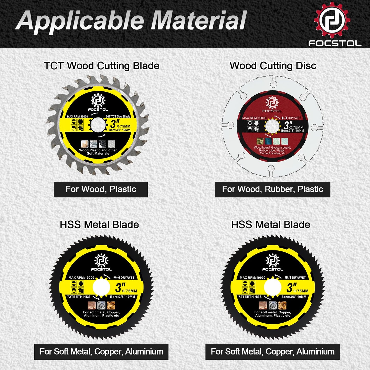 FOCSTOL Saw Blade Set - 4pcs 3''(75mm) Cutting Disc for Cutting Wood Metal Plastic for Angle Grinder Arbor 3/8''(10mm)