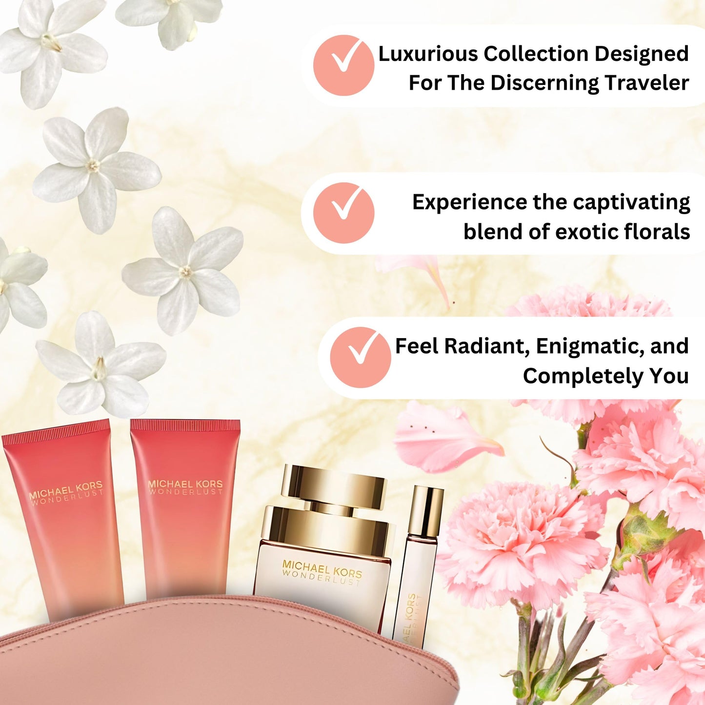 Michael Kors Wonderlust for Women 4 Pieces Gift Set, (3.4 Ounce Eau de Parfum Spray +3.4 Ounce Body Lotion +3.4 Ounce Shower Gel + 0.3 Ounce Eau de Parfum Spray)