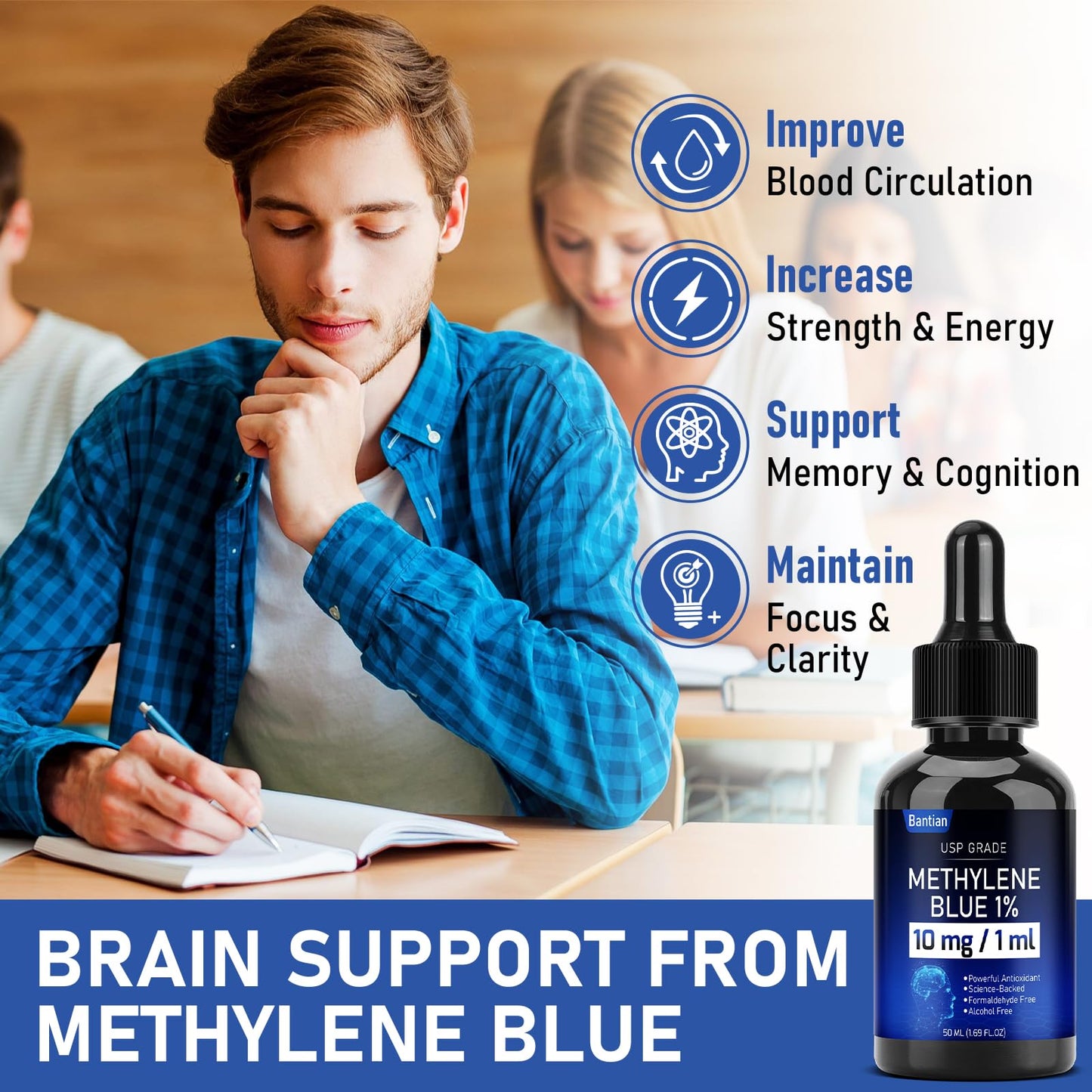 Methylene Blue 1%, Methylene Blue Pharmaceutical Grade Glass Bottle with Dropper, Liquid Methylene Blue for Humans, Formaldehyde & Alcohol-Free, 50 ml