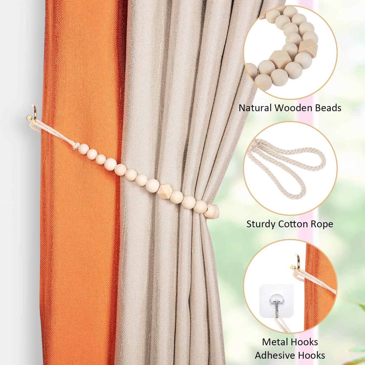 Wood Bead Curtain Tiebacks, KLOGTSIND Set of 2 Curtain Holdbacks for Thin or Thick Window Draperies, Boho Farmhouse Curtain Tiebacks with Hooks, Curtain Tie Backs for Home Office Room Decor