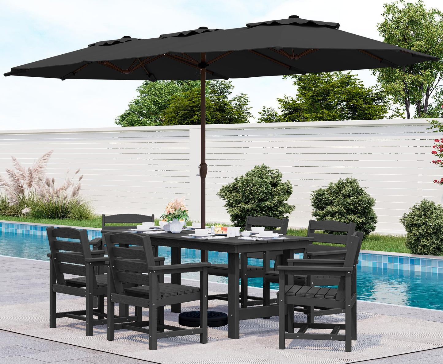 SERWALL 8-Piece Patio Dining Sets with 15FT Double Side Patio Umbrella, Outdoor HDPE Dining Furniture Set with Umbrella Hole Cut-Out Table and 6 Chairs, Black（Umbreall Base not Included）