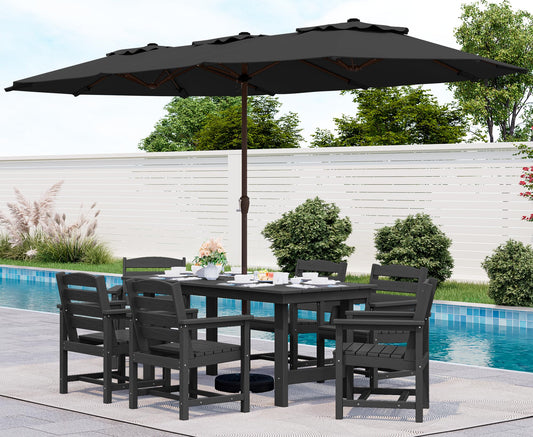 SERWALL 8-Piece Patio Dining Sets with 15FT Double Side Patio Umbrella, Outdoor HDPE Dining Furniture Set with Umbrella Hole Cut-Out Table and 6 Chairs, Black（Umbreall Base not Included）