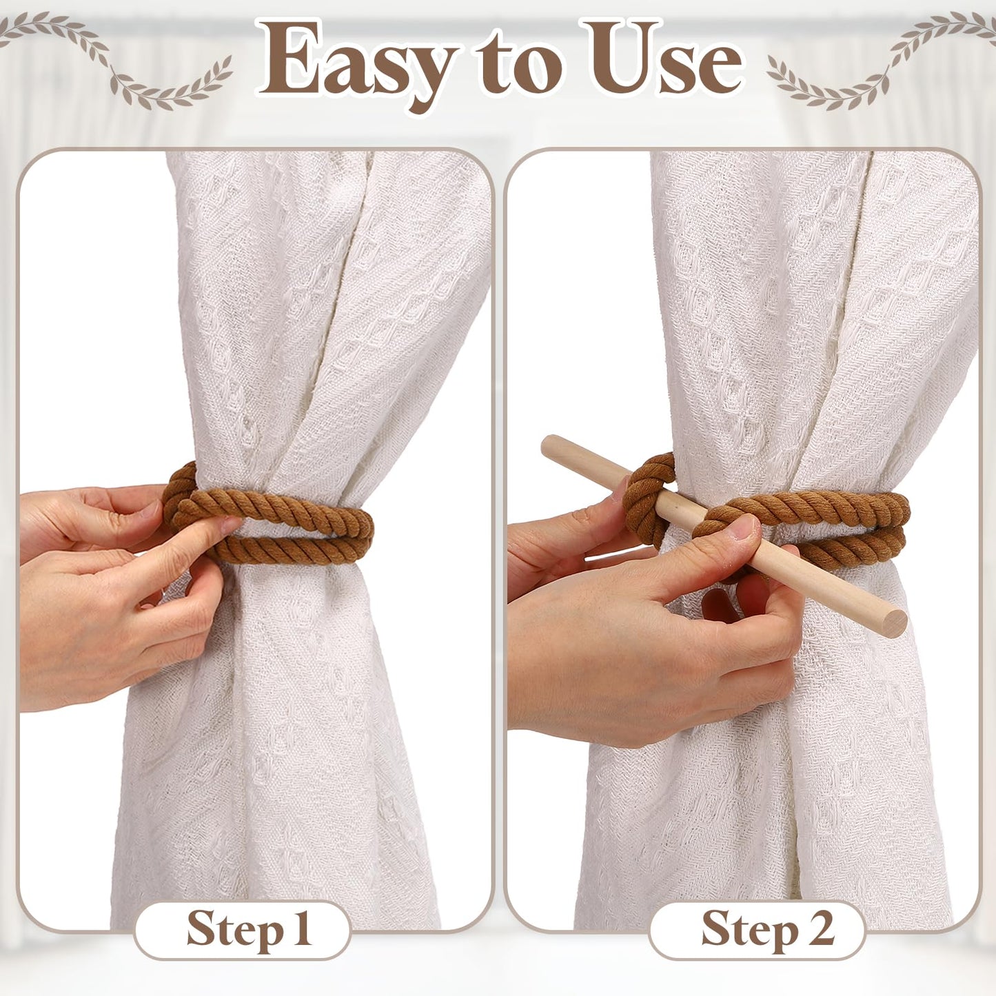 uxcell 4 Pack Curtain Tiebacks, Cotton Rope Curtain Drapes Holdbacks Hand-Woven Decorative Farmhouse Tie Backs with Wood Club for Home Office Decor, Dark Brown