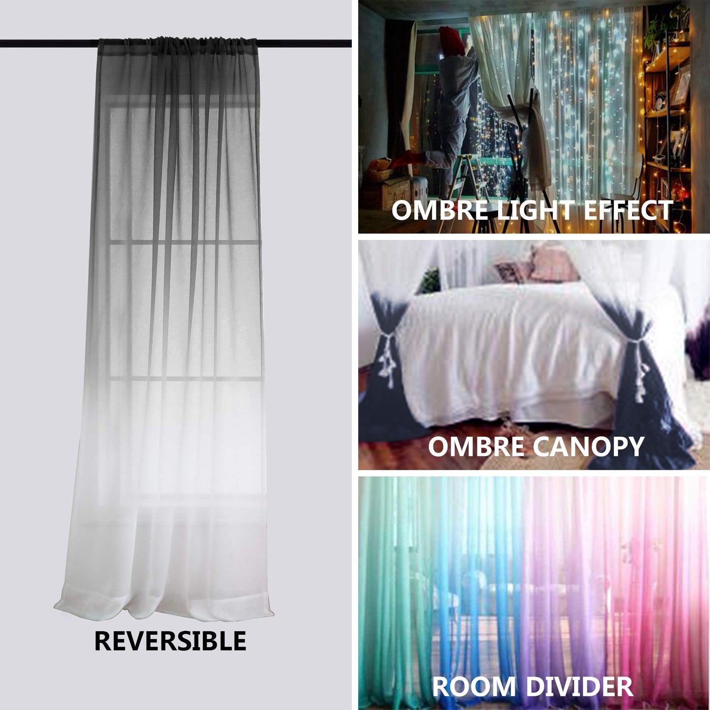 KOUFALL Modern Decorative Unique Faux Linen Ombre Semi Sheer White and Black Sheer Curtains for Living Room Bedroom Boys Room Decor Teen 52 x 84 Length 2 Windows Curtain Set Panels Rod Pocket