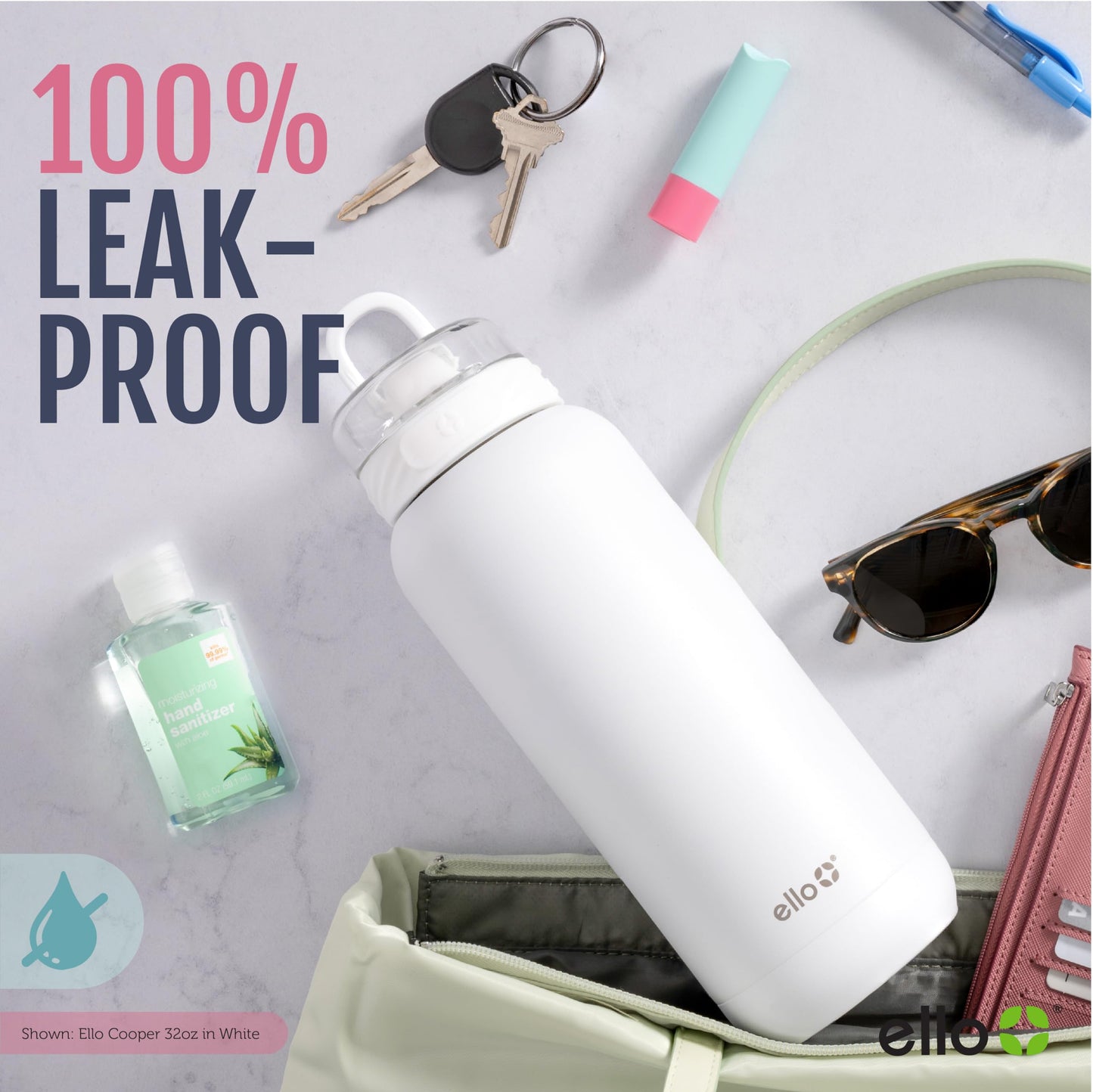 Ello Cooper Vacuum Insulated Stainless Steel Water Bottle with Soft Straw and Carry Loop, Double Walled, Leak Proof, Cashmere Pink, 32oz