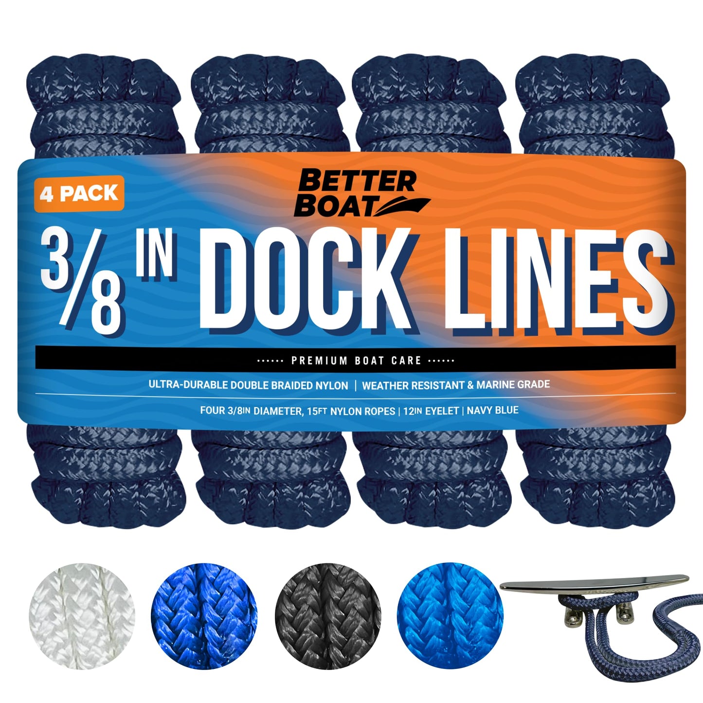 Dock Lines Boat Ropes for Docking, 3/8" Double Braided Mooring Marine Rope, 15ft Nylon Rope with Loop, Navy Blue, 4 Pack
