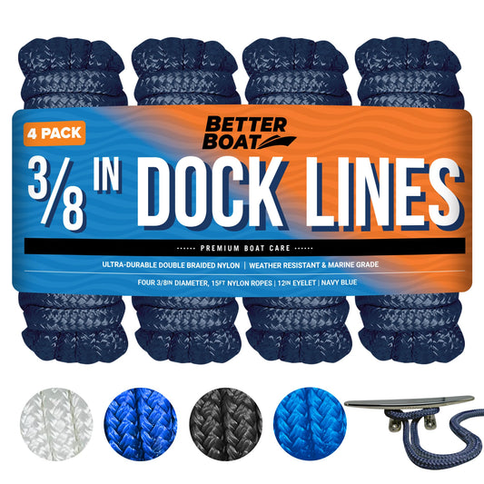Dock Lines Boat Ropes for Docking, 3/8" Double Braided Mooring Marine Rope, 15ft Nylon Rope with Loop, Navy Blue, 4 Pack