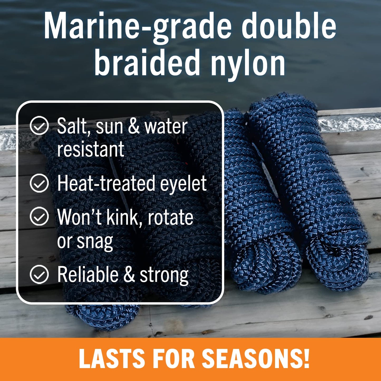 Dock Lines Boat Ropes for Docking, 3/8" Double Braided Mooring Marine Rope, 15ft Nylon Rope with Loop, Navy Blue, 4 Pack