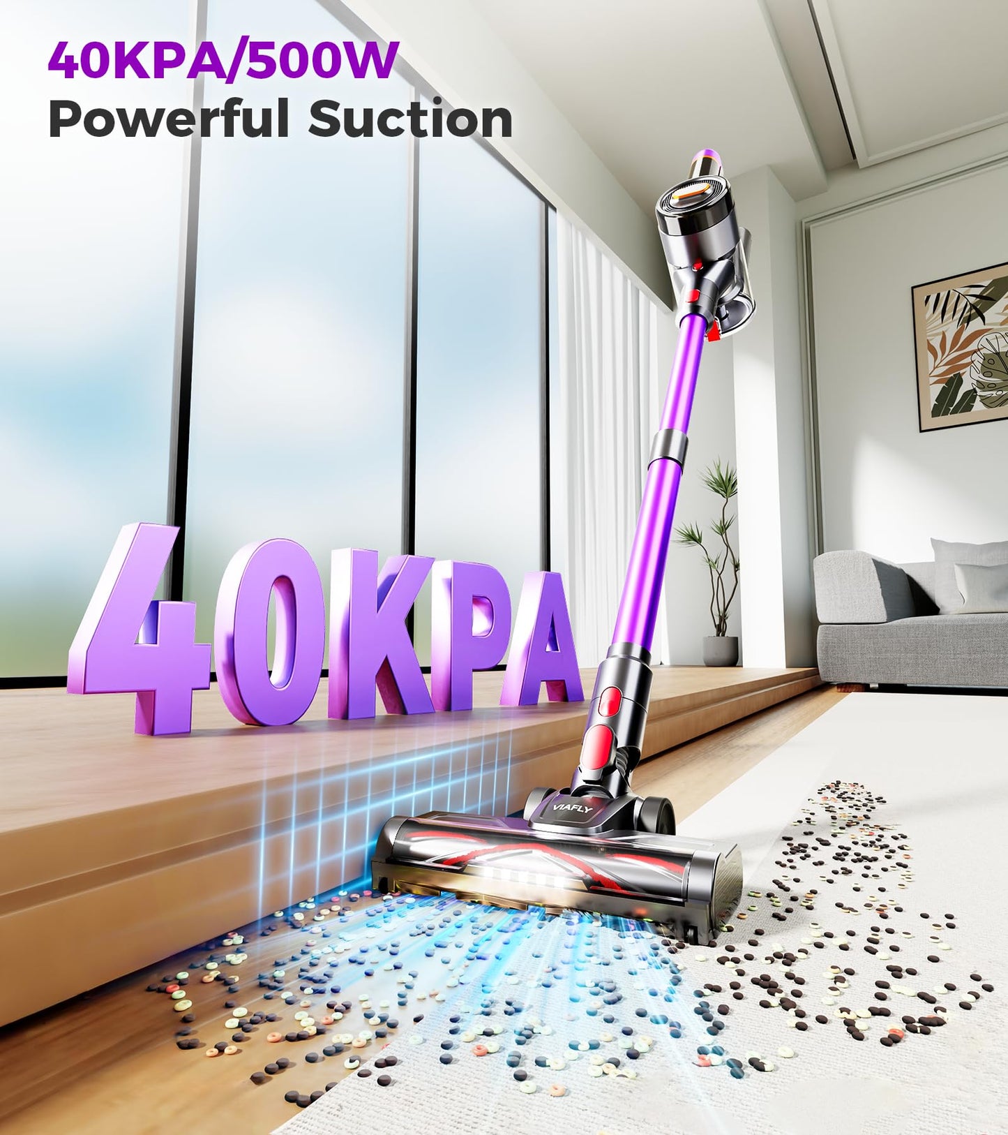 Cordless Vacuum Cleaner, 500W 40Kpa 60Mins Vacuum Cleaners for Home, Anti-tangle Stick Vacuum with Self-Standing, Wall Mount Charging, LED Display, 8-in-1 Wireless Vacuum for Carpet Pet Hair Hardfloor