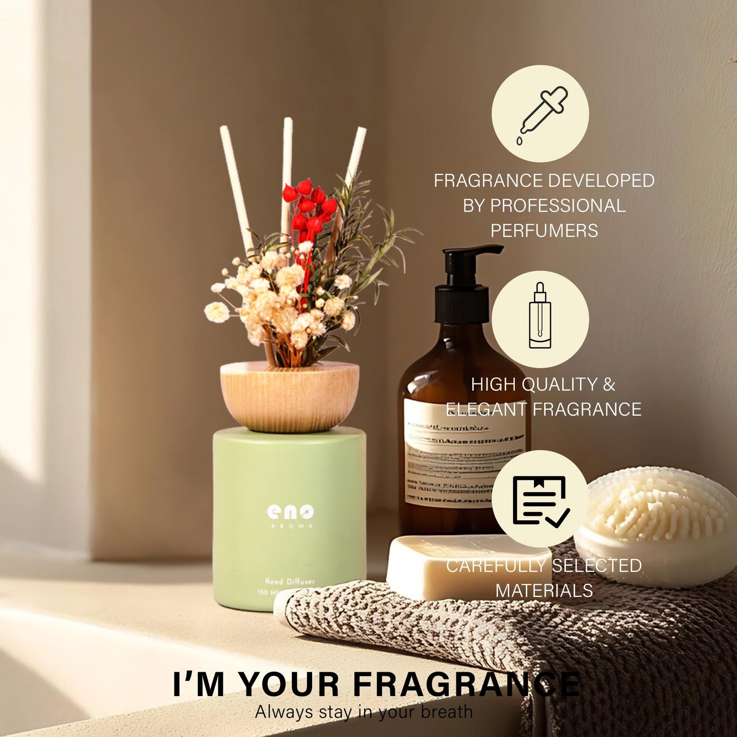 SoxComfy Reed Diffuser Set with Really Dried Flowers, Essential Oils Scented Diffuser with Sticks, Air Fresheners Home Fragrance for Bathroom Shelf Decor & Gift, 5.1oz / 150ml