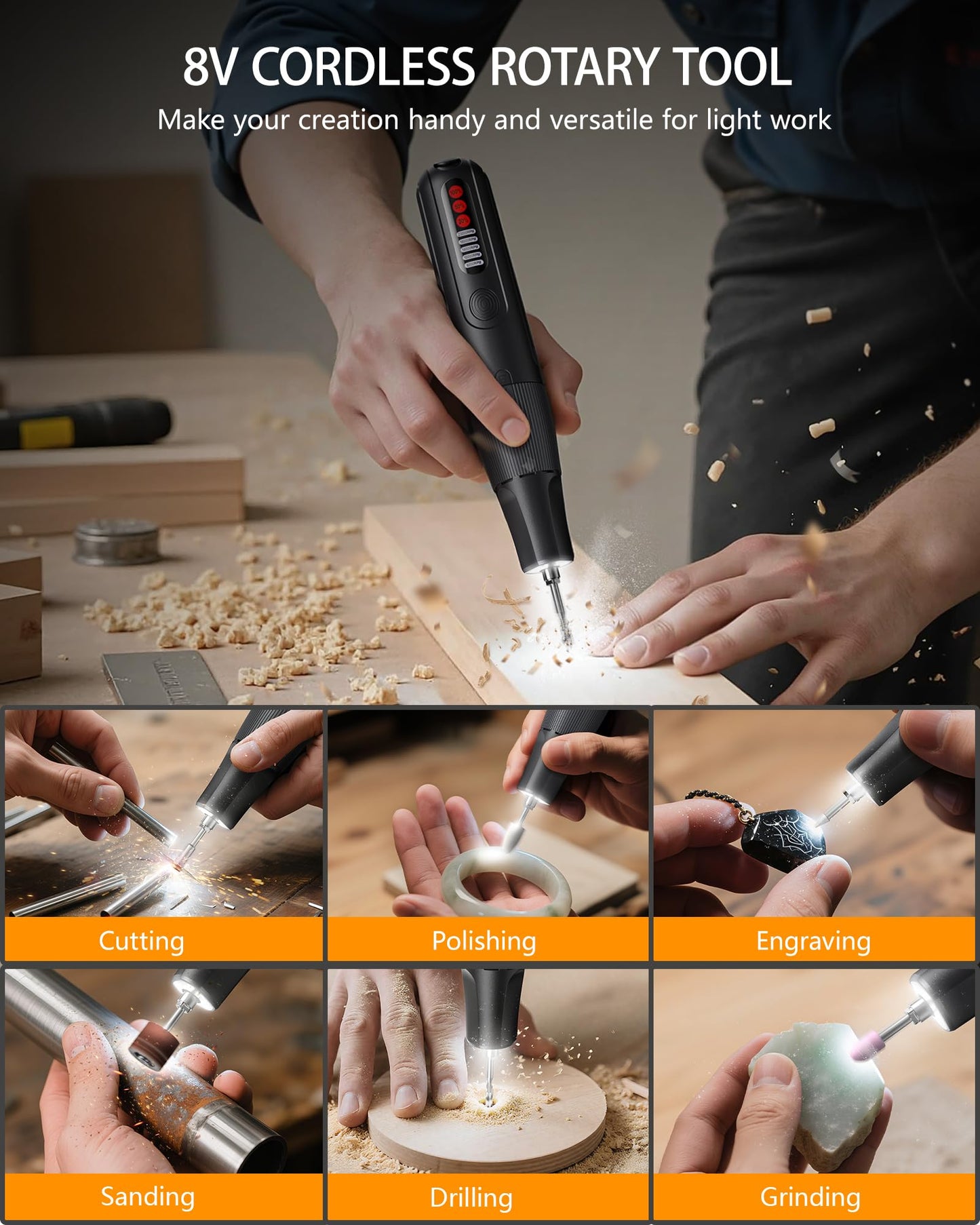 Cordless Rotary Tool, 8V Multi Tool with Auto-Lock Chuck & 5 Speed, 23,000RPM Rechargeable Engraver Kit with 62 Accessories, for Sanding, Polishing, Drilling, Carving, DIY Crafts
