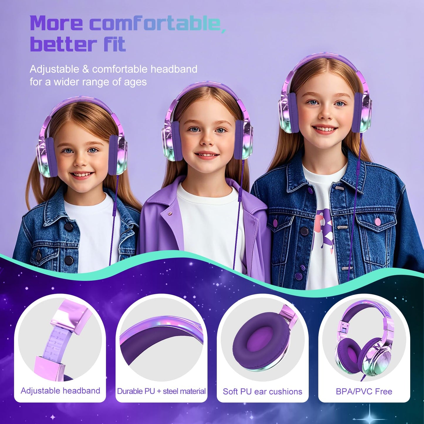 QearFun Kids Headphones Wired with 85/94dB Volume Limit, Foldable On-Ear Headset with Microphone & Audio Sharing Port for School, Travel, Tablet, iPad - for Boys & Girls