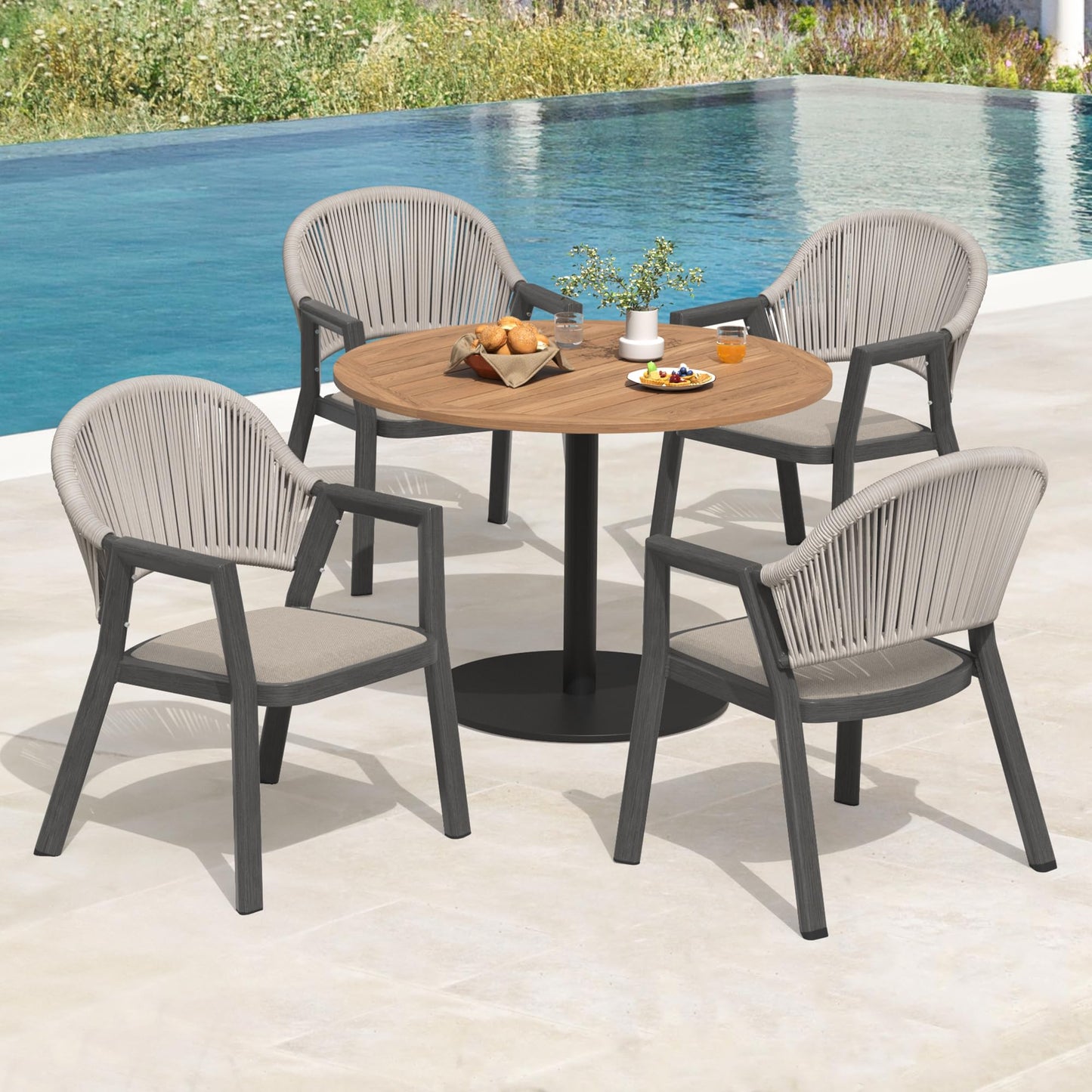 Cozyman Outdoor Dining Set 7-Piece, 59 Inch Patio Furniture Set with PE Wicker Chairs, All-Weather Resistant Aluminum Table for 7, Beige Almond