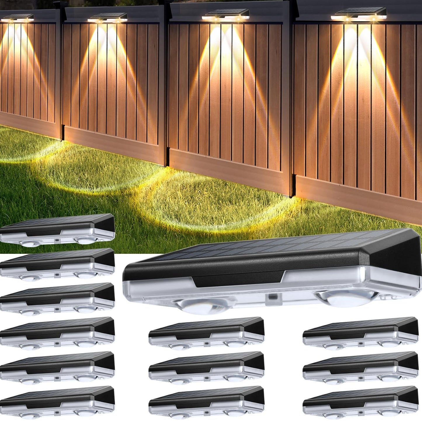 Haoteey Solar Fence Lights, 12-Pack Solar Deck Light Outdoor IP65 Waterproof, Fence Lighting Solar Powered for Fence, Deck, Porch, Backyard, Pathway, Garden - Cold, Natural, Warm White