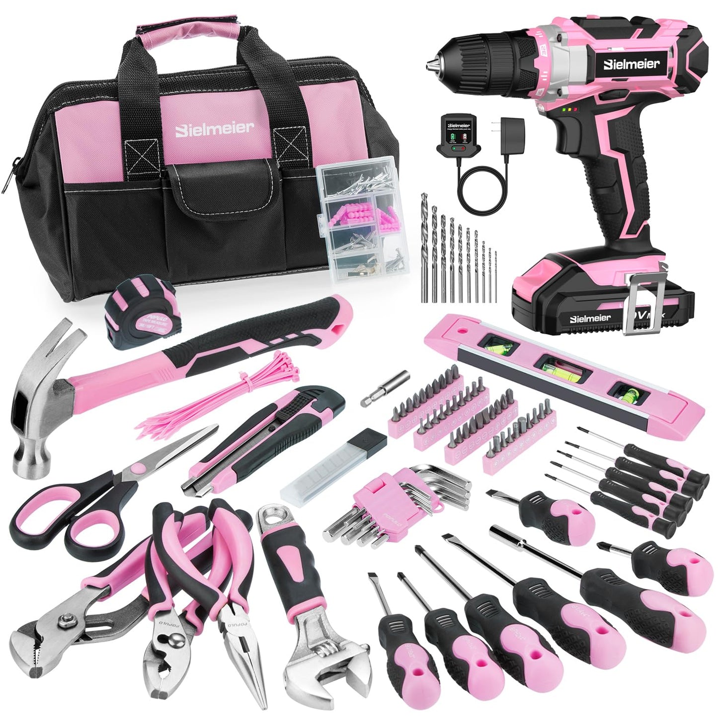 Bielmeier 20V 236Pcs Cordless Pink Drill Set - Essential Women's Pink Tool Set, Lady's Basic Home Tool Kit with Pink Tool Bag - All in One Pink Tool Kit Ideal for DIY, Home Improvement