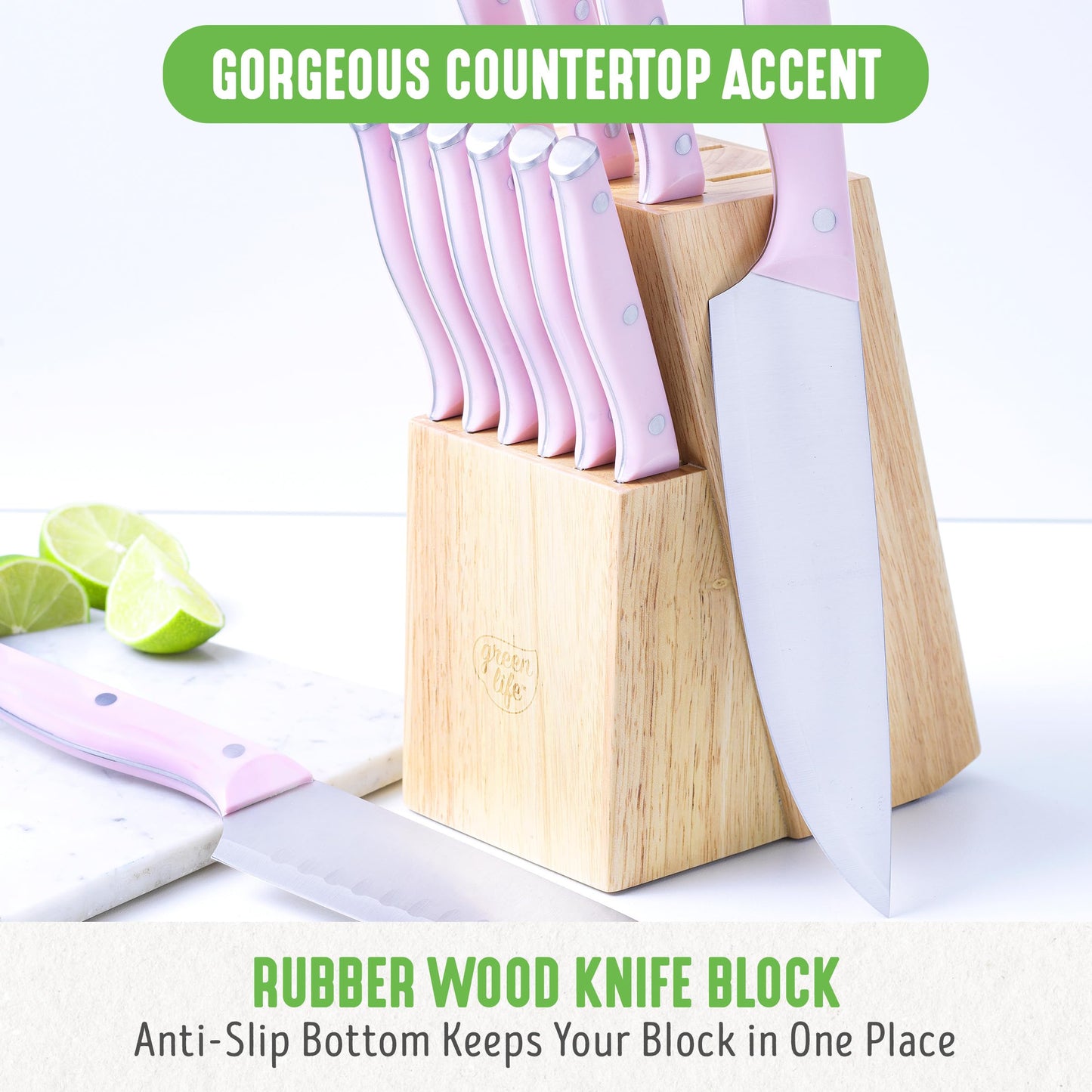 GreenLife High Carbon Stainless Steel 13 Piece Wood Knife Block Set with Chef Steak Knives and more, Comfort Grip Handles, Triple Rivet Cutlery, Soft Pink
