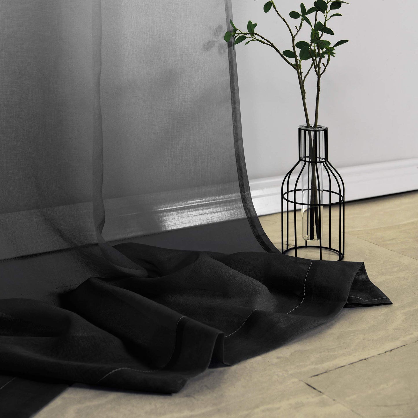 KOUFALL Modern Decorative Unique Faux Linen Ombre Semi Sheer White and Black Sheer Curtains for Living Room Bedroom Boys Room Decor Teen 52 x 84 Length 2 Windows Curtain Set Panels Rod Pocket