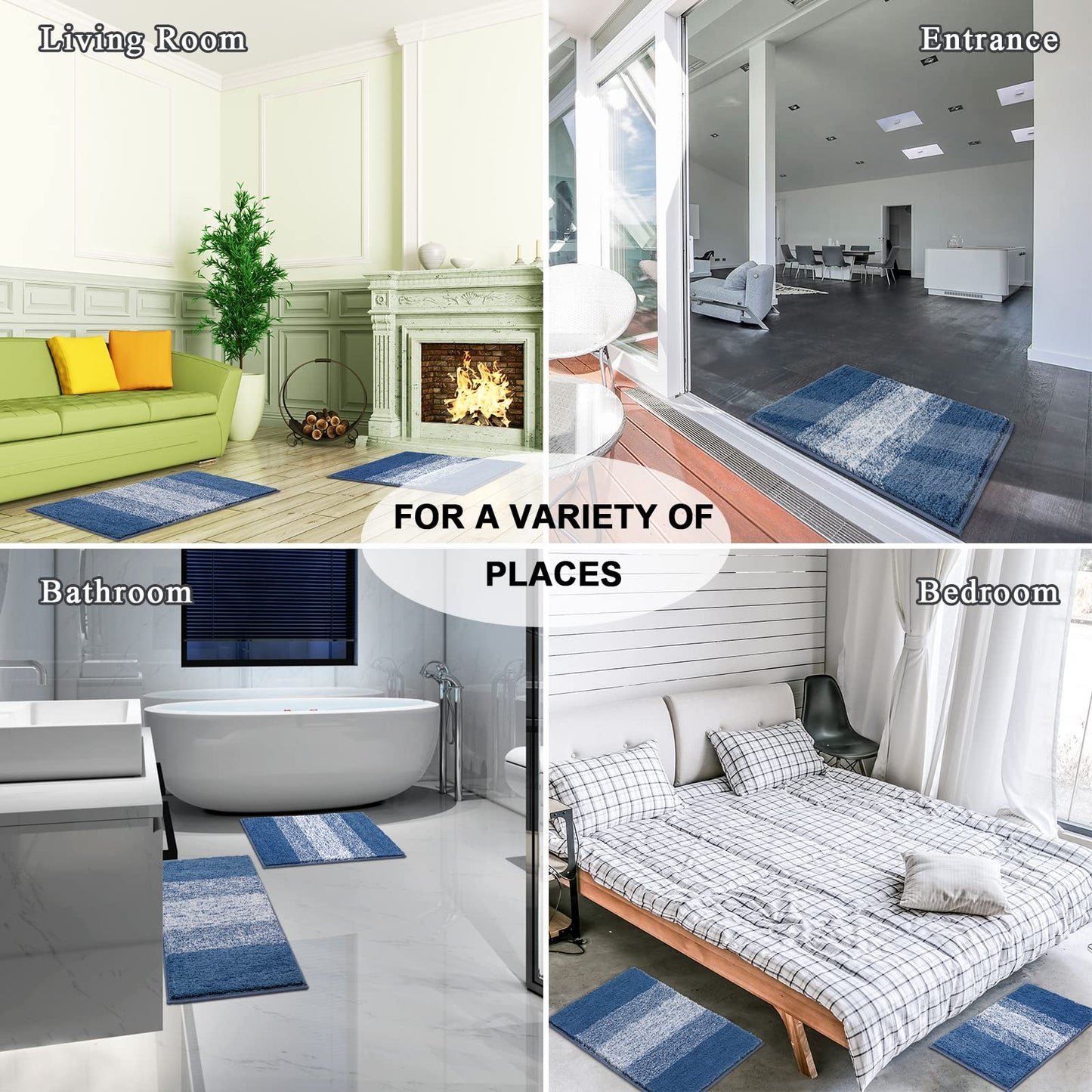 Vaukki Luxury Soft Bathroom Rugs Set of 2, Non Slip Washable Plush Bath Floor Mats, Microfiber Shaggy Absorbent Striped Bath Carpet for Tub, Bathroom and Shower (18''x26''+20''x32'', Blue)