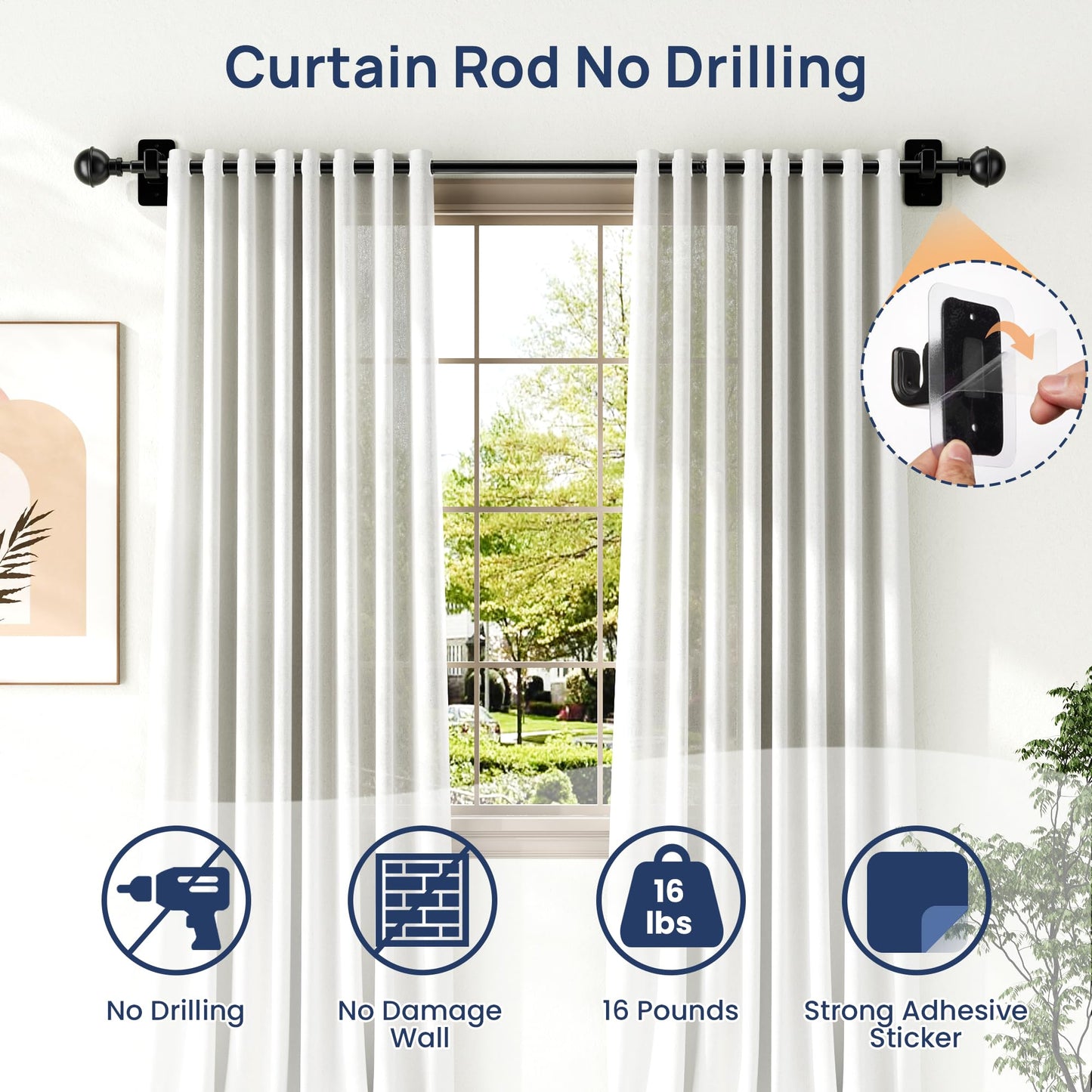 ENJOYBASICS No Drill Curtain Rods for Window 28 to 47 Inches, 5/8 Inch Diameter Renter Friendly Drapery Rod with Adhesive Brackets without Drilling, Adjustable from 27 to 52 Inches, Black