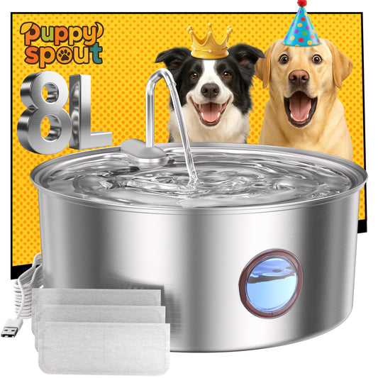 puppyspout Dog Water Fountain for Large Dogs- 270oz/8L Stainless Steel Dog Water Bowl Dispenser Automatic Pet Water Fountain with Ultra-Quiet Pump/Quadruple Filtration for Dogs, Cats, Multiple Pets
