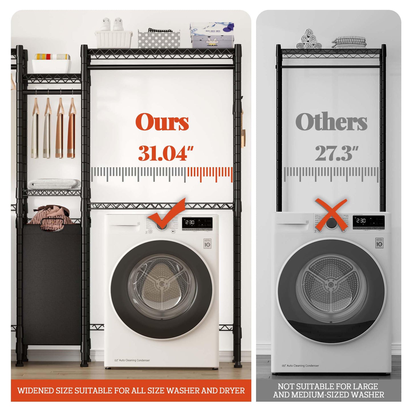 Raybee Over The Washer and Dryer Storage, Laundry Room Organization and Storage with Laundry Hamper and Hooks Washer and Dryer,17.3" D x 78.7" W x 76.4" H