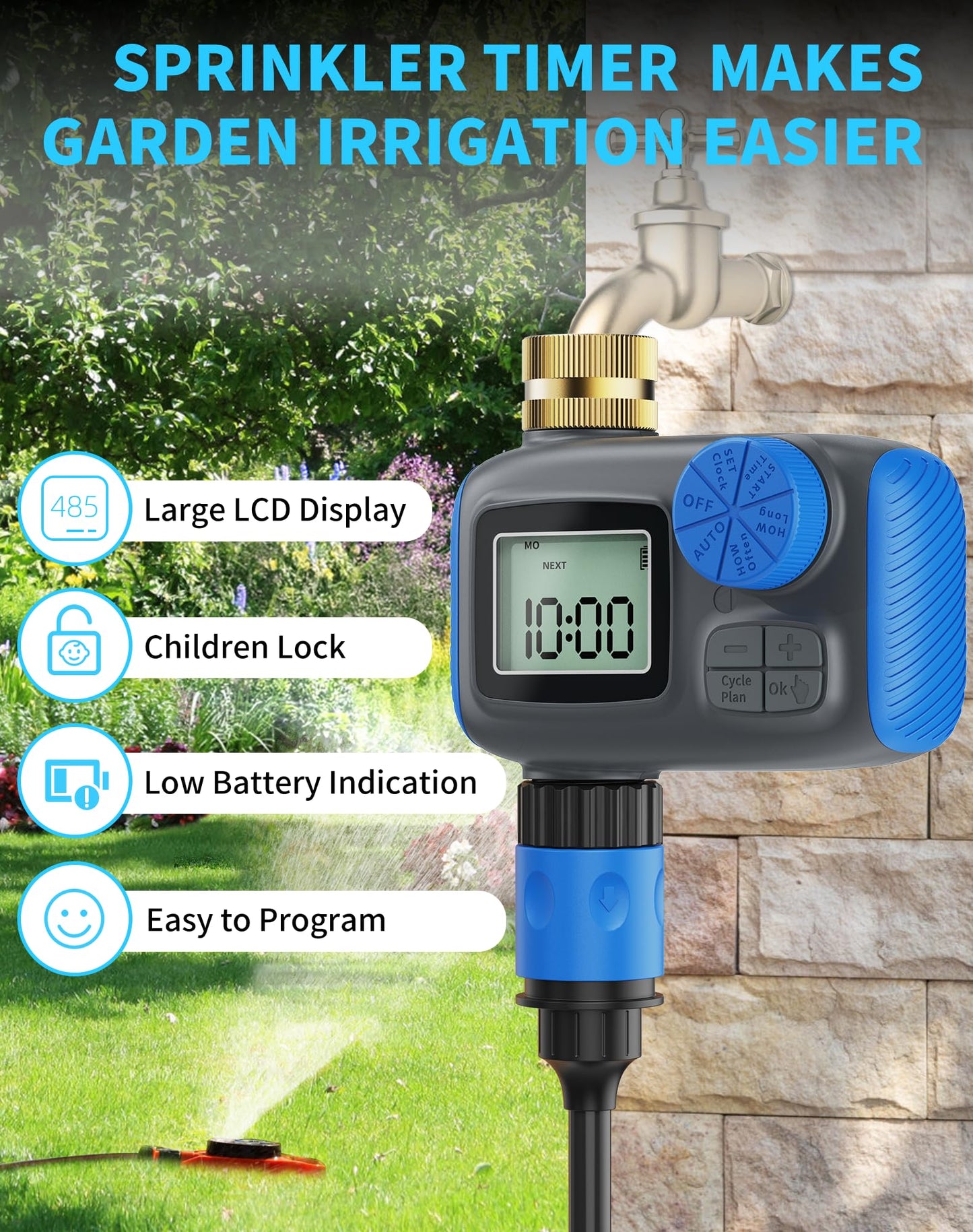 Smartale Sprinkler Timer, Programmable Hose Timers for Watering with Brass Swivel, Digital Irrigation Controller System with Rain Delay/Manual Mode/Automatic Watering for Outdoor Garden Yard Lawn