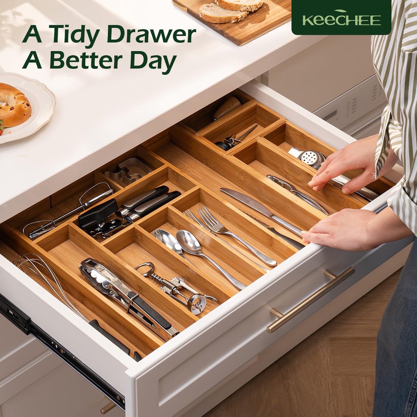 keechee Carbonized Bamboo Kitchen Drawer Organizer, 8-10 Slots Expandable Silverware Organizer, Utensil Holder & Cutlery Tray, 2.2" Deep for Extra Capacity, Non-Slip Feet Included.