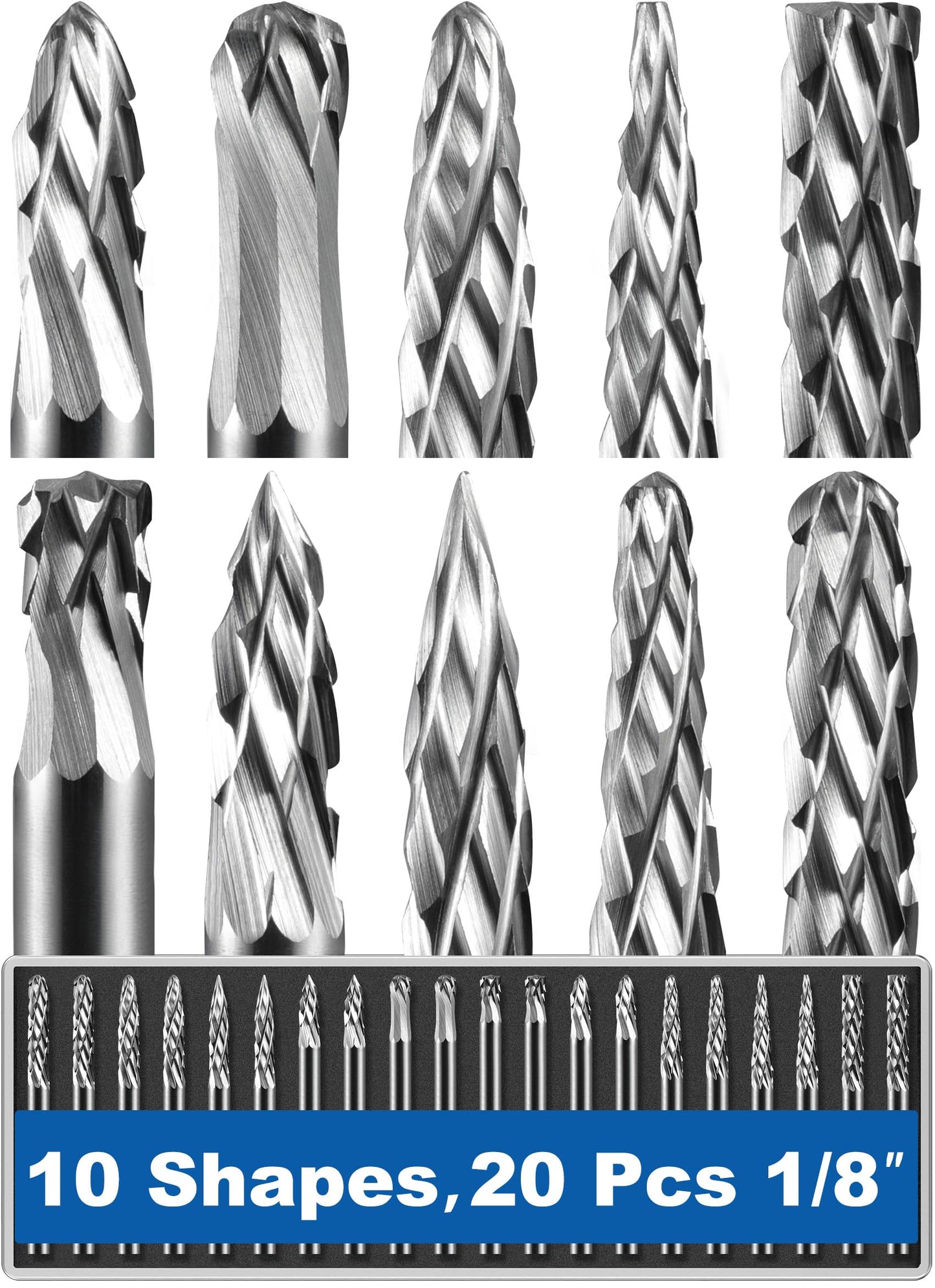 Sworker 20 Pcs Carbide Burr Set 1/8" Shank Compatible with Dremel Bits Rotary Tools Attachment Kit Rasp Drill File Accessories Metal Wood Stone Steel Grinding Carving Cutting Polishing Solid Tungsten