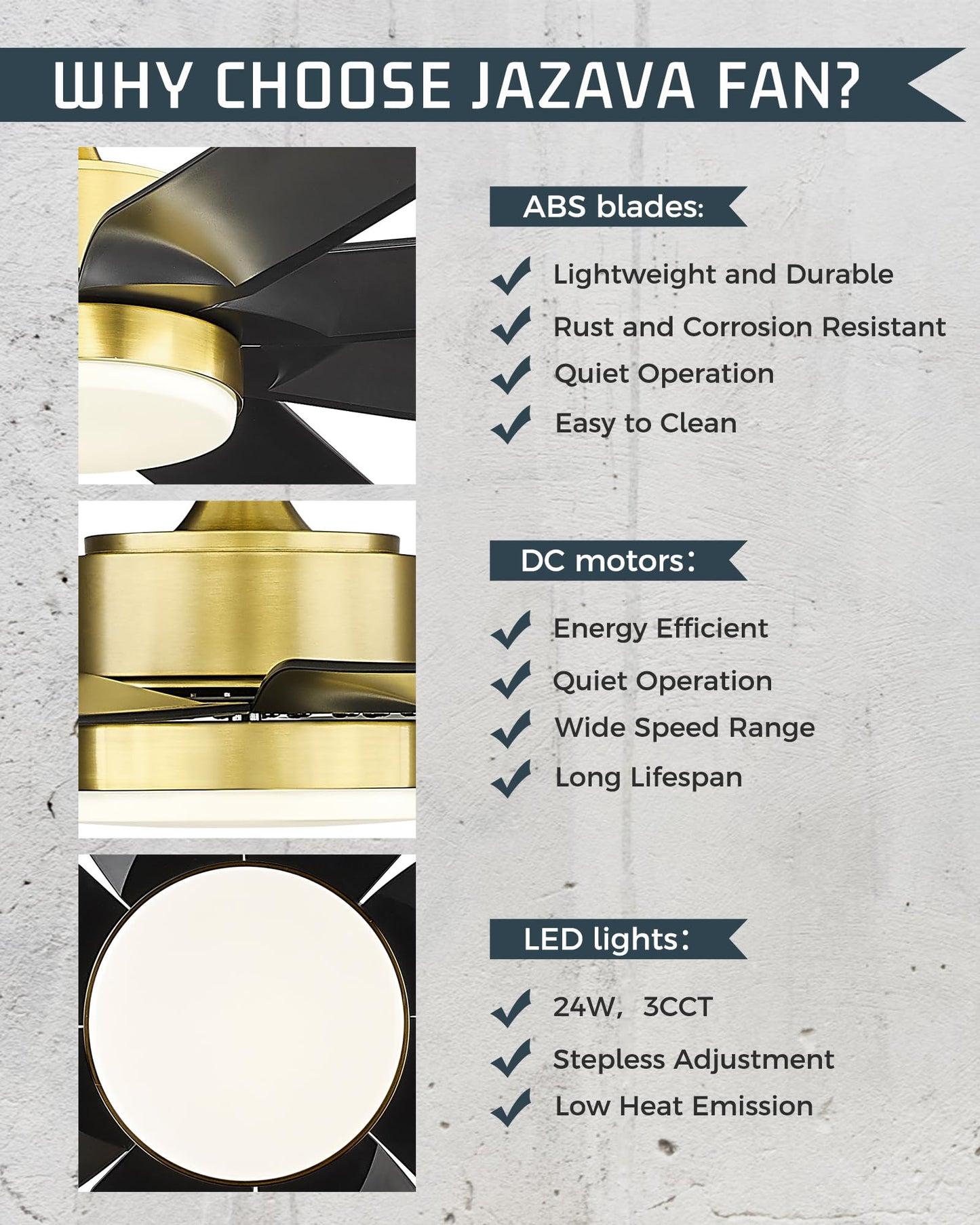 JAZAVA Black and Gold Ceiling Fan, 70 Inch Ceiling Fans with Lights and Remote, 8 ABS Blades, Reversible DC Motor,3CCT Dimmable, Modern Smart Ceiling Fans with Voice Control, CF01-BGB