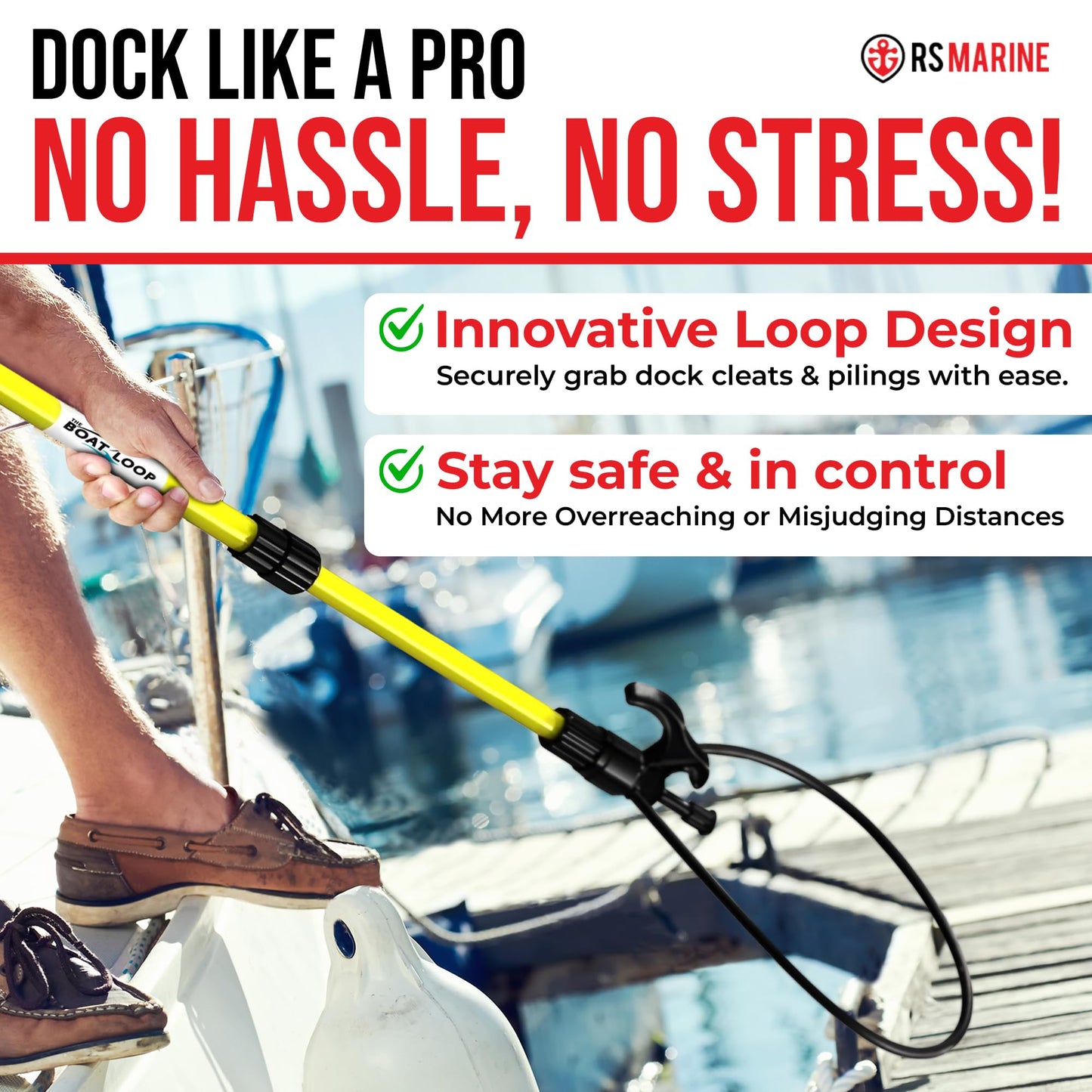 Boat Loop Extendable Fiberglass Boat Hook with Flexible Loop & Quick-Release System - Adjustable 2-8ft Pole with Rubber Guard for Boats - Versatile Marine Tool for Rope Handling & Docking