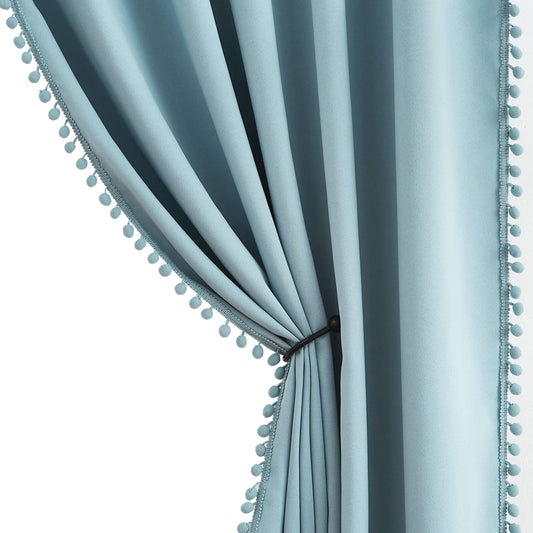 TREATMENTEX Pom-Pom Blue Curtains Living Room 84 inches Energy Efficient Thermal Insulated Room Darkening Curtain Panels for Bedroom Window Draperies Nursery Room Children 50in w x2 Panels Rod Pocket