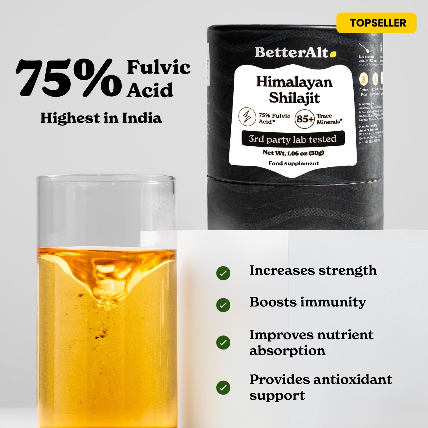 Better Alt Pure Himalayan Shilajit Resin | High Potency for Men & Women | 75 Servings for Stamina and Muscle Building, 85+ Trace Minerals, 75% Fulvic Acid, with Lab Test Report, 400mg