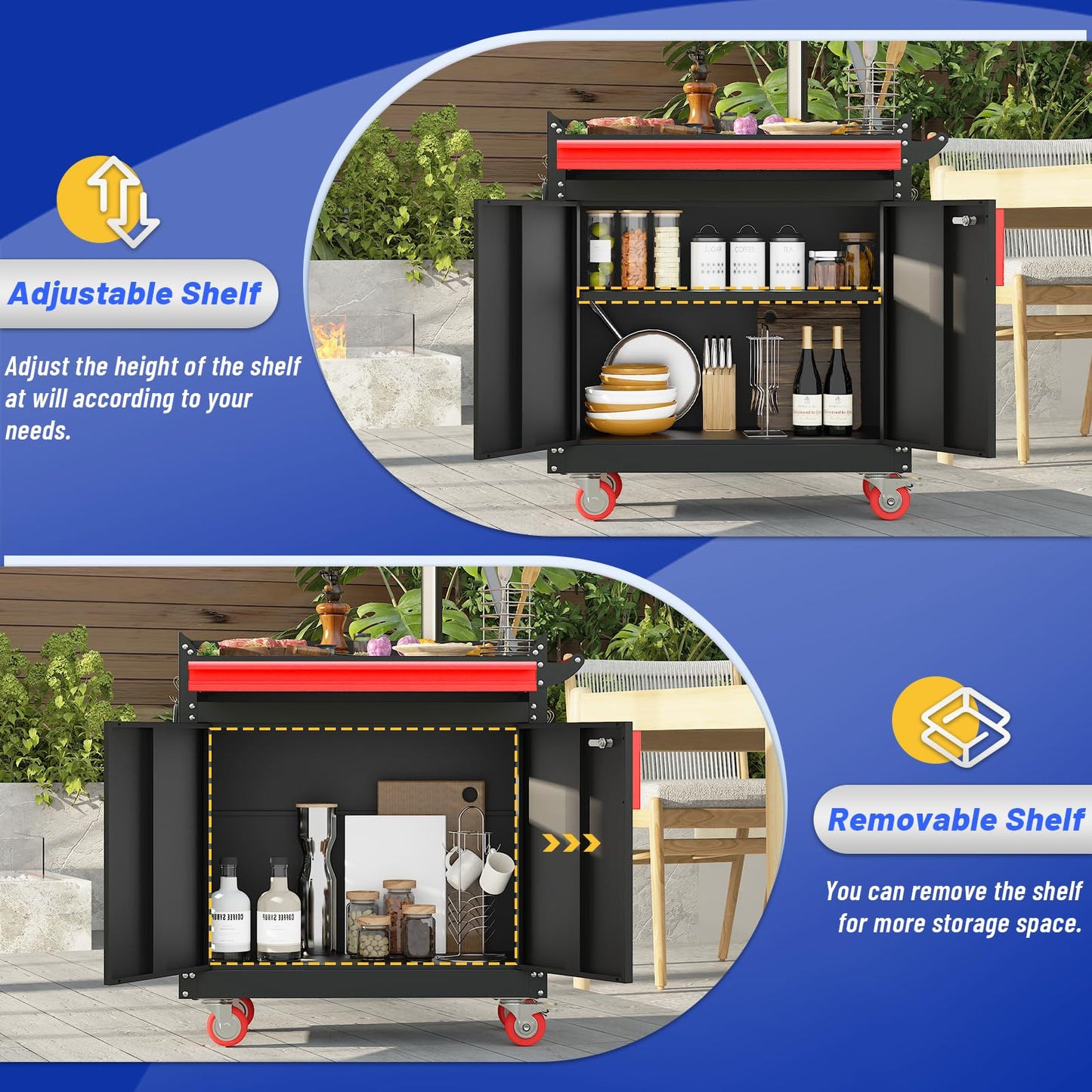 Eltean Metal Grill Cart - Outdoor Grill Cart with Storage,Grill Table with Wheels,Outdoor Bar Cart with Adjustable Shelf for Kitchen Prep and Patio BBQ