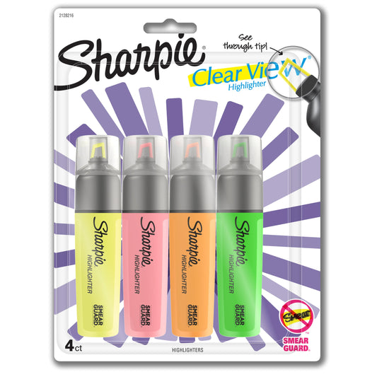 Sharpie Clear View Highlighters, Chisel Tip, Assorted Colors, 4 Count