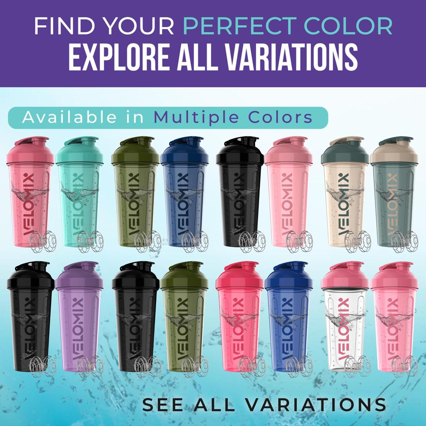 VELOMIX -2 Pack- 28 oz Protein Shaker Bottles for Protein Mixes - 2x Wire Whisk | Leak Proof Shaker Cups for Protein Shakes | Protein Shaker Bottle Pack (Black/Transparent)