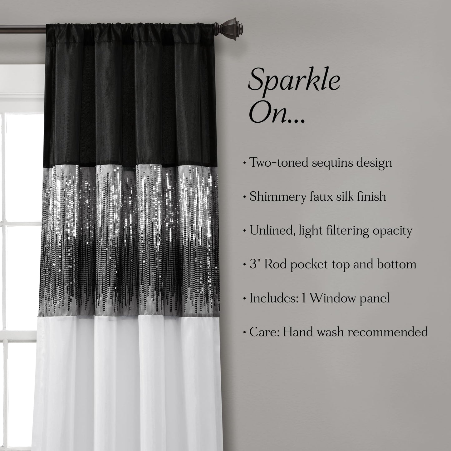 Lush Decor Night Sky Window Curtain Panel, Single 42"W x 84"L Black & White - Sequin Backdrop Curtain - Room Darkening Curtains For Bedroom - Glam Decor